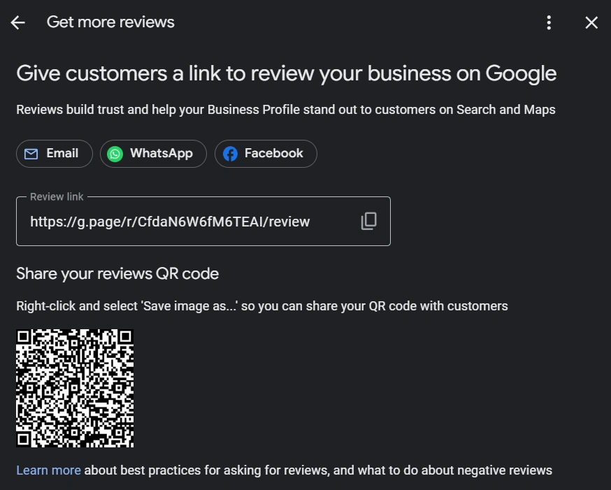 Google Business Profile review sharing interface showing email, WhatsApp, and Facebook buttons, a direct review link, and a QR code for customers.