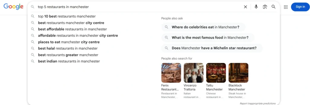 Google search suggestion results for “top restaurants in Manchester,” showing keyword variations that demonstrate how local SEO helps businesses reach nearby customers through targeted searches.