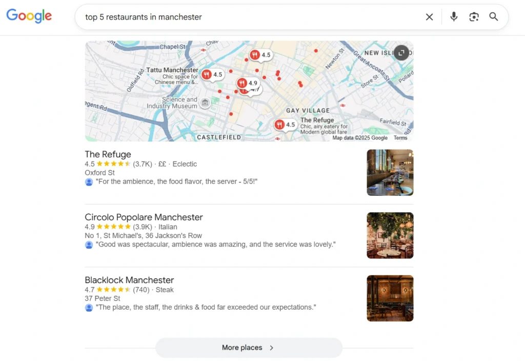 Google Maps search result displaying local restaurants in Manchester with ratings and reviews, representing how optimized local SEO boosts business visibility and attracts nearby customers.