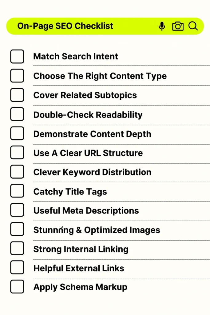 On-page SEO checklist graphic listing optimization steps such as keyword distribution, internal linking, schema markup, and image optimization for small business websites.
