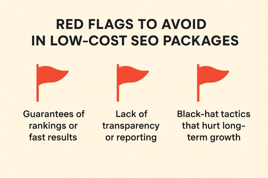 Visual guide showing three red flags in low-cost SEO packages: guarantees of fast rankings, lack of transparency, and use of black-hat tactics.