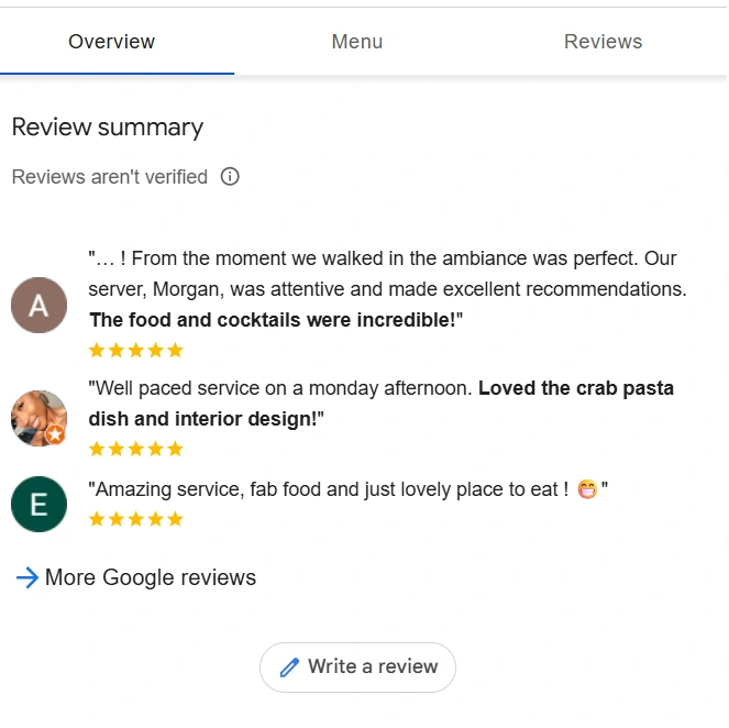 Google business review summary showing customer feedback with five-star ratings, highlighting the importance of positive reviews and community engagement for local SEO visibility.