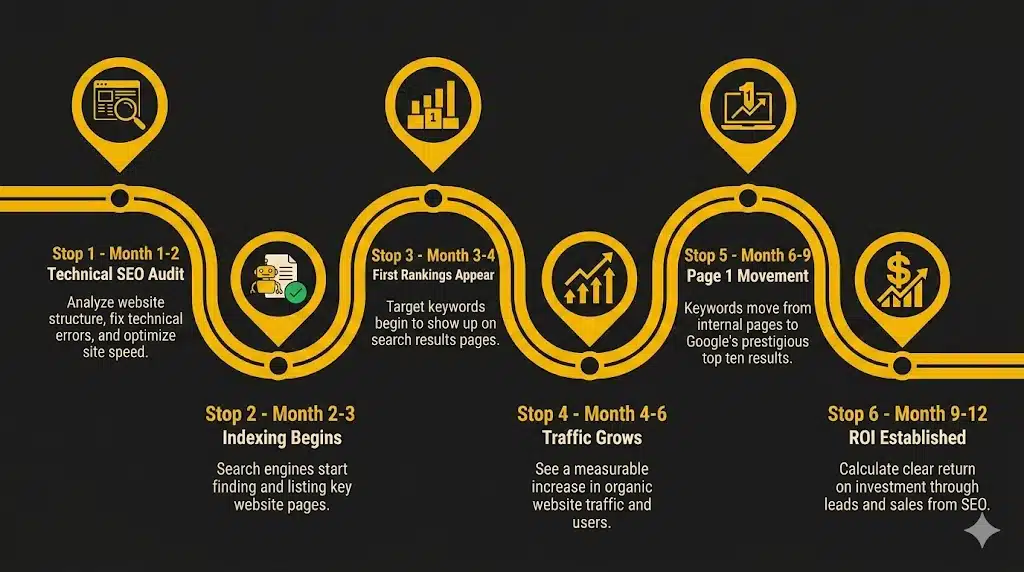Small business SEO progress timeline showing 6 milestones from technical SEO setup in month 1 to ROI established by month 12